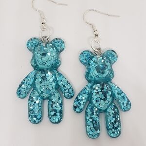 Handmade Large Blue Glitter Gummy Bear Earrings